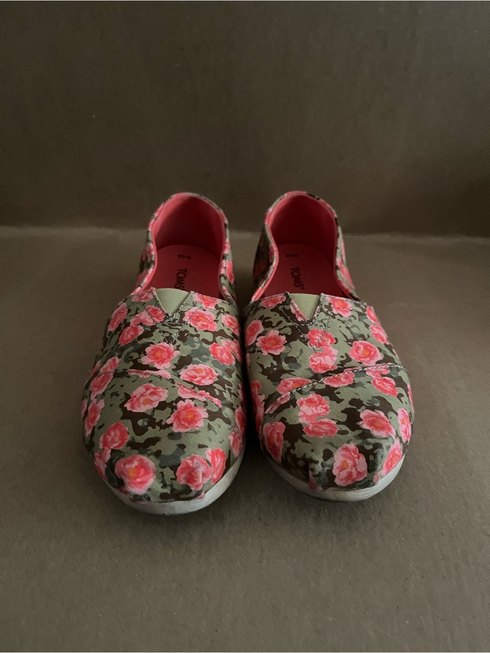 Toms Olive Floral Slip-On Flats with Pink Rose Print